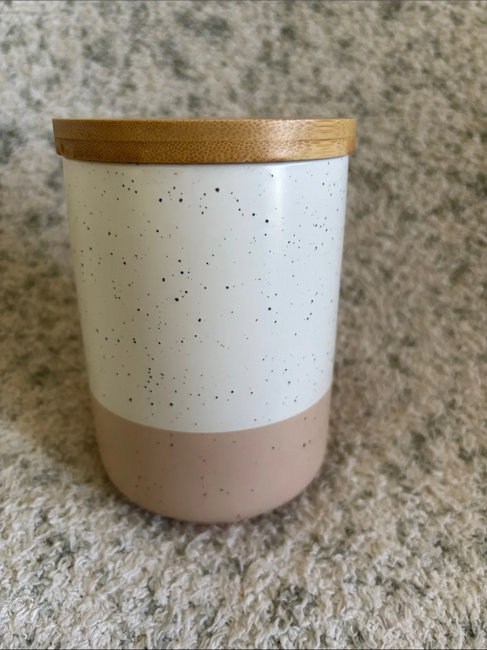 Vancasso Stoneware Speckled Ceramic Jar Canister with Bamboo Lid NWT 3.75x5.25”